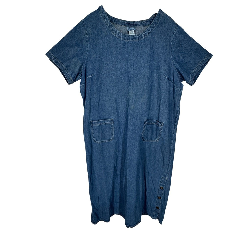 Vintage Womens 18W Denim Shift Dress Blue Cotton Cottagecore Midi Pockets Modest